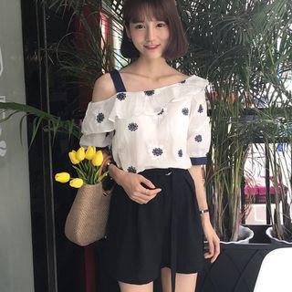 Embroidered Off-shoulder Elbow-sleeve Top