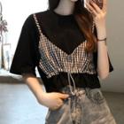Elbow-sleeve Mock Two-piece Gingham T-shirt