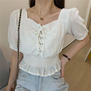 Puff-sleeve Lace-up Crop Top White - One Size