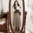Sweater Vest / Plaid Midi A-line Skirt / Blouse