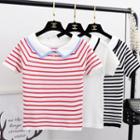 Striped Short-sleeve Polo Knit Top
