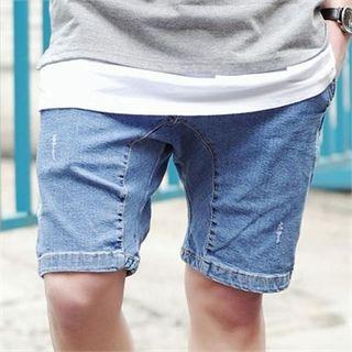 Drawstring-waist Distressed Denim Shorts