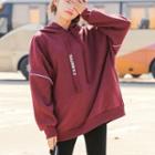 Letter Drawstring Hoodie Wine Red - One Size