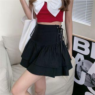 Lace Up Layered Mini Skirt