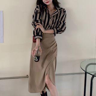 Set; Striped Shirt + Shirred Midi A-line Skirt