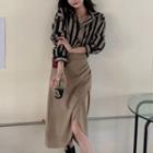 Set; Striped Shirt + Shirred Midi A-line Skirt