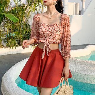 Set: Dotted 3/4-sleeve Tankini Top + Swim Skirt