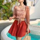 Set: Dotted 3/4-sleeve Tankini Top + Swim Skirt