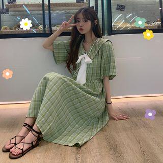 Elbow-sleeve Peter Pan Collar Plaid Midi Dress