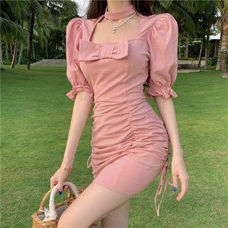 Puff-sleeve Square-neck Halter Mini Dress