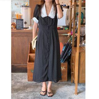 Contrast Collar Dotted Midi A-line Dress