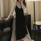 Set: Long-sleeve Floral Print T-shirt + Spaghetti Strap Velvet Midi Dress