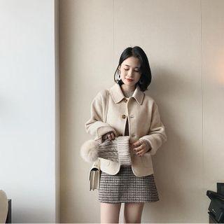 Set: Long-sleeve Plain Jacket + High-waist Plaid Skirt