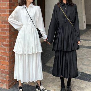 Collard Long-sleeve Midi Layered Dress