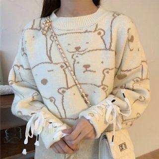 Bear Print Lace Up Sweater