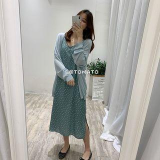 Spaghetti Strap Polka Dot Chiffon A-line Midi Dress Blue - One Size