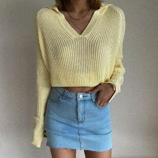 Thin Lapel V-neck Knit Top