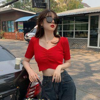 Short-sleeve Ruched Plain Cropped Top
