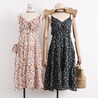 Sleeveless Ruffled-trim Floral Chiffon Dress