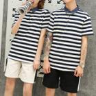 Couple Matching Short-sleeve Striped Polo Shirt / Contrast Trim Shorts