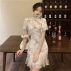 Short-sleeve Print Mini A-line Qipao Dress