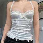 Halter-neck Bow-accent Lace-trim Ruched Satin Camisole Top