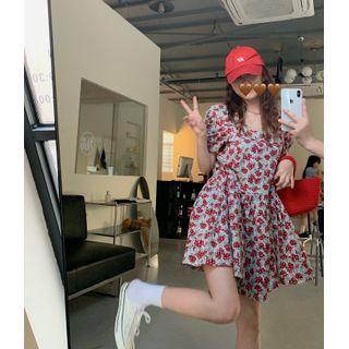 Puff-sleeve Floral Mini A-line Dress Red Flowers - Light Blue - One Size
