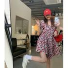 Puff-sleeve Floral Mini A-line Dress Red Flowers - Light Blue - One Size