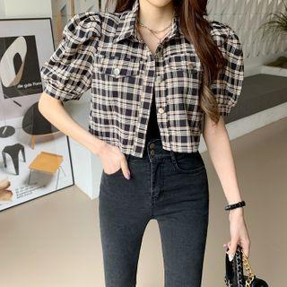 Puff-sleeve Cropped Plaid Jacket Black - One Size