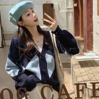 Argyle V-neck Cardigan Navy Blue - One Size