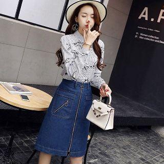 Set: Long-sleeve Shirt + Denim A-line Skirt