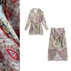 Floral Print Tie-front Shirt / Midi A-line Skirt / Set