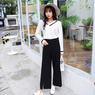 Set: Contrast Trim V-neck Top + Side Slit Wide Leg Pants