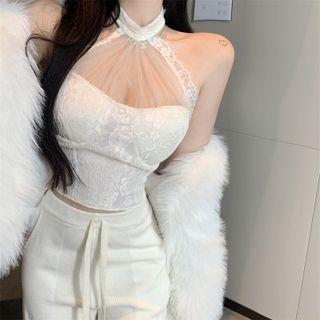 Halter-neck Lace Crop Tank Top