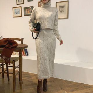 Set: Turtle-neck Cropped Knit Top + Maxi Skirt