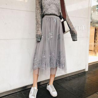 Sheer Panel Sequined Midi Skirt
