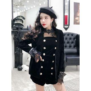 Stand Collar Mesh Blouse / Tube Playsuit / Sequined Velvet Blazer / Set