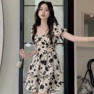 Puff-sleeve Square Neck Cutout-back Floral Mini A-line Dress Almond - One Size