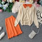Set: Long-sleeve Frill Trim Knit Polo Shirt + Skirt