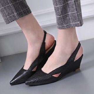 Faux Leather Pointed Toe Slingback Wedge Sandals