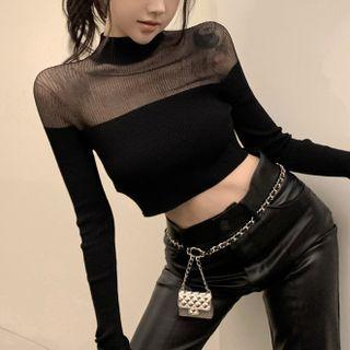 Mock-neck Mesh Panel Knit Crop Top Black - One Size