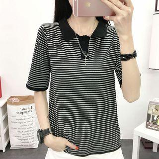 Short-sleeve Striped Knitted Polo Shirt