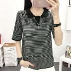 Short-sleeve Striped Knitted Polo Shirt