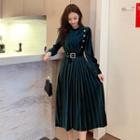 Long-sleeve Midi A-line Pleated Velvet Dress