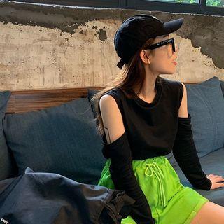 Plain Cutout Long-sleeve Top Black - One Size