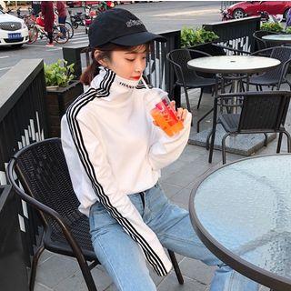 Lettering Turtleneck Striped T-shirt