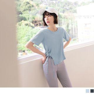 Short-sleeve Plain Drawstring Slit-side Crop T-shirt