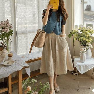 Patch-pocket Button-trim Midi Skirt Beige - One Size