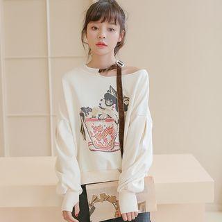 Cold-shoulder Cat Print Sweatshirt