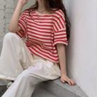 Elbow-sleeve Striped T-shirt Stripe - Red & White - One Size